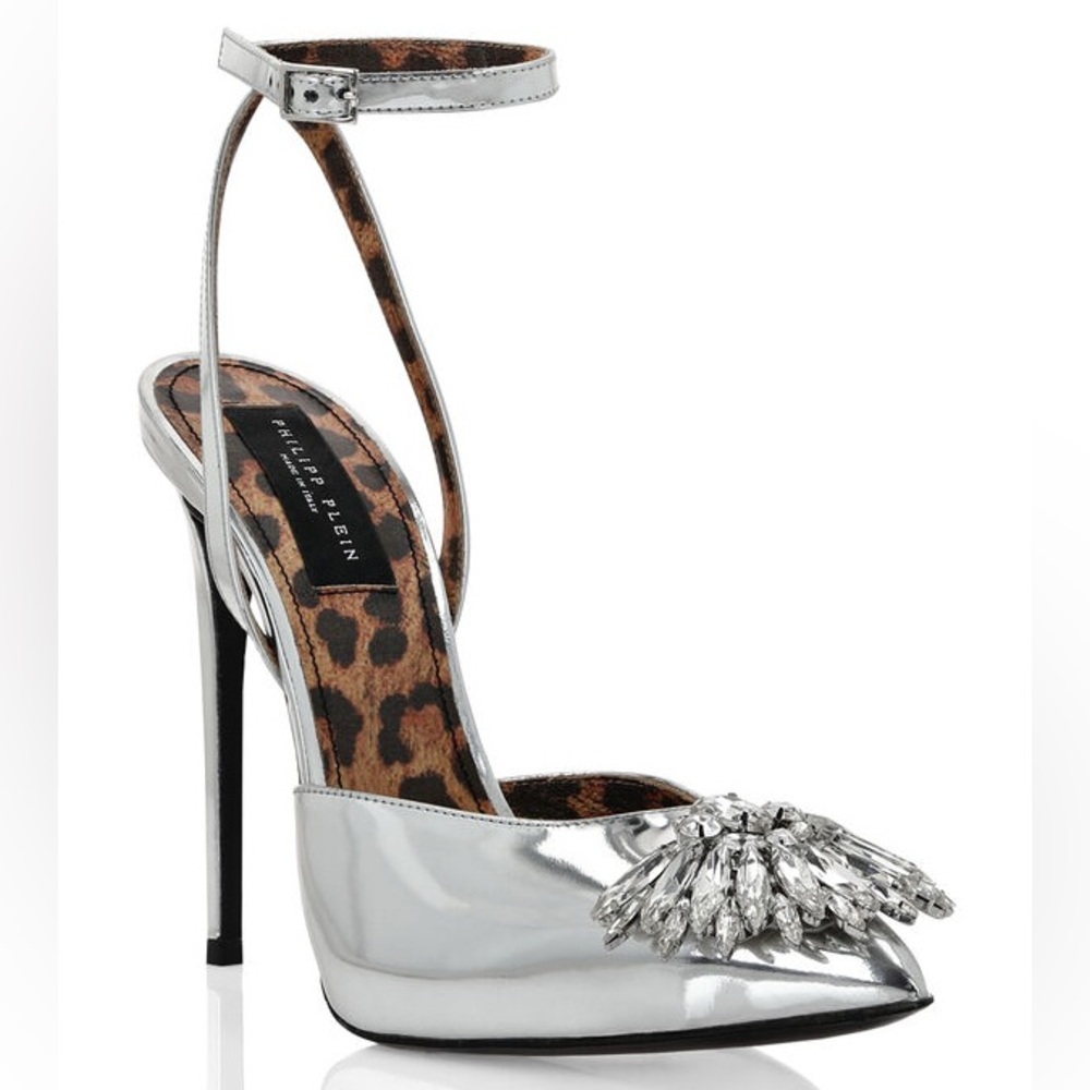 Philipp Plein Mirror Leather Ankle Strap Brooch Heels